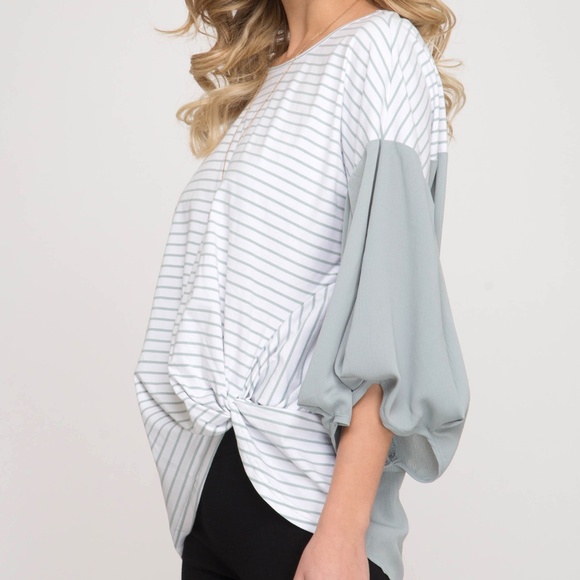 Slate striped 3/4 balloon sleeve with side tie - Picture 4 of 5